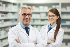 publicidad retrato Disparo de un equipo de farmacéuticos en pie juntos en un farmacia y sonriente a el cámara. generativo ai foto