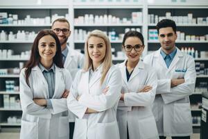 publicidad retrato Disparo de un equipo de farmacéuticos en pie juntos en un farmacia y sonriente a el cámara. generativo ai foto