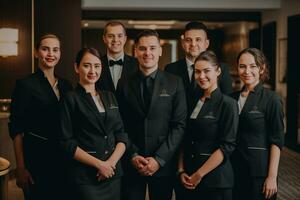 Advertising portrait shot of a hotel staff team standing together in a hotel and they look at the camera. Generative AI. photo
