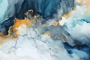 Abstract watercolor marble background, gradient color mix with white blue gold flow mixed trendy elegant. Generative Ai photo