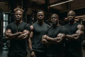 Advertising portrait shot of a team extreme bodybuilders workout standing together in a gym and smiling at the camera. Generative Ai photo