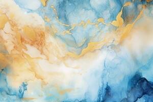 Abstract watercolor marble background, gradient color mix with white blue gold flow mixed trendy elegant. Generative Ai photo