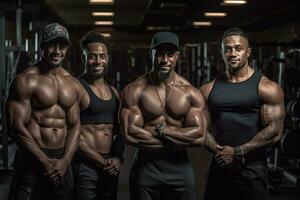 publicidad retrato Disparo de un equipo extremo fisicoculturistas rutina de ejercicio en pie juntos en un gimnasio y sonriente a el cámara. generativo ai foto