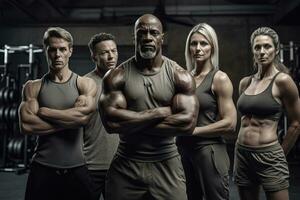 Advertising shot of a extreme bodybuilders in the gym. Concept extreme gym. Generative AI photo