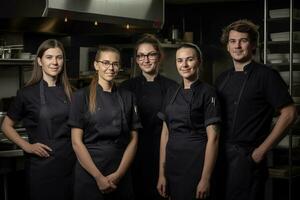 Advertising portrait shot of a cheff team standing together in a restaurant kitchen and they look at the camera. Generative AI. photo