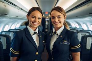Advertising portrait shot of a hostess and pilot team standing together in the plane and they look at the camera. Generative AI. photo