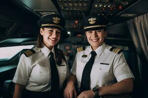 Advertising portrait shot of a hostess and pilot team standing together in the plane and they look at the camera. Generative AI. photo