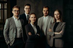 Advertising portrait shot of a brokers team standing together in a office and they look at the camera. Generative AI. photo