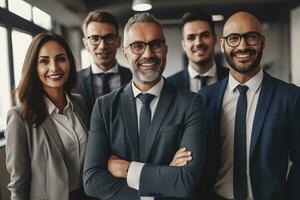 Advertising portrait shot of a brokers team standing together in a office and they look at the camera. Generative AI. photo