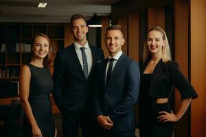 Advertising portrait shot of a brokers team standing together in a office and they look at the camera. Generative AI. photo