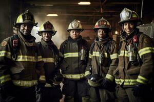 Advertising portrait shot of a firefighters team standing together in a fires station and they look at the camera. Generative AI. photo