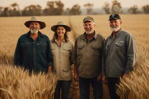 publicidad retrato Disparo de un agricultores equipo en pie juntos en un trigo campo y ellos Mira a el cámara. generativo ai. foto