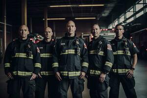 publicidad retrato Disparo de un bomberos equipo en pie juntos en un incendios estación y ellos Mira a el cámara. generativo ai. foto