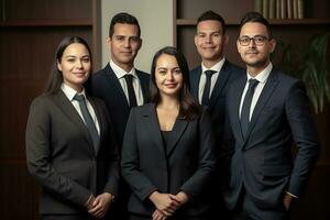 Advertising portrait shot of a lawyers team standing together in a court and they look at the camera. Generative AI. photo