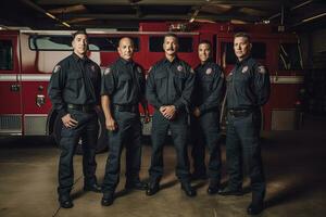 Advertising portrait shot of a firefighters team standing together in a fires station and they look at the camera. Generative AI. photo