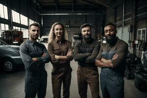 publicidad retrato Disparo de un mecánico equipo en pie juntos en el coche taller y ellos Mira a el cámara. generativo ai. foto