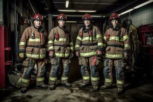 Advertising portrait shot of a firefighters team standing together in a fires station and they look at the camera. Generative AI. photo