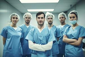 Advertising portrait shot of a surgery team standing together in operating room and they look at the camera. Generative AI. photo