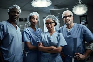 Advertising portrait shot of a surgery team standing together in operating room and they look at the camera. Generative AI. photo