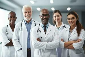 Advertising portrait shot of a doctor team standing together in a hospital and they look at the camera. Generative AI. photo