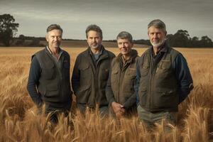 Advertising portrait shot of a farmers team standing together in a wheat field and they look at the camera. Generative AI. photo