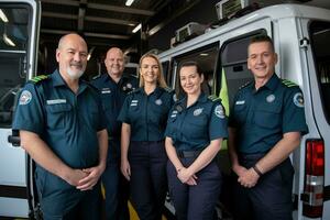 Advertising portrait shot of a paramedic team standing together in front of ambulance and they look at the camera. Generative AI. photo