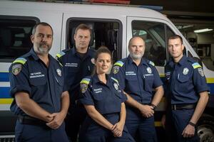 Advertising portrait shot of a paramedic team standing together in front of ambulance and they look at the camera. Generative AI. photo