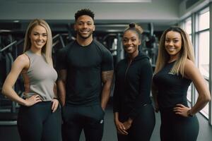 Advertising portrait shot of a personal trainer team standing together in a gym and they look at the camera. Generative AI. photo