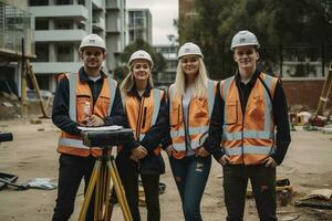 Advertising portrait shot of a surveyors team standing together in a construction site and they look at the camera. Generative AI. photo
