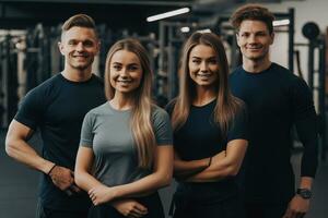 Advertising portrait shot of a personal trainer team standing together in a gym and they look at the camera. Generative AI. photo