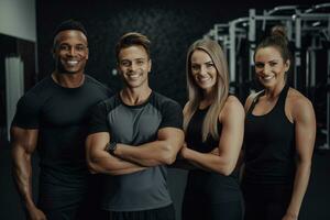 Advertising portrait shot of a personal trainer team standing together in a gym and they look at the camera. Generative AI. photo