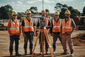 Advertising portrait shot of a surveyors team standing together in a construction site and they look at the camera. Generative AI. photo