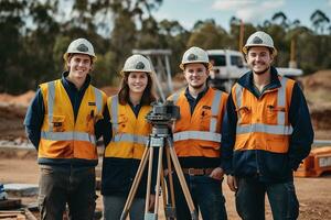 Advertising portrait shot of a surveyors team standing together in a construction site and they look at the camera. Generative AI. photo