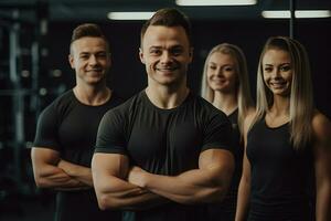 Advertising portrait shot of a personal trainer team standing together in a gym and they look at the camera. Generative AI. photo