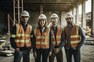 Advertising portrait shot of a surveyors team standing together in a construction site and they look at the camera. Generative AI. photo