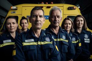 Advertising portrait shot of a paramedic team standing together in front of ambulance and they look at the camera. Generative AI. photo