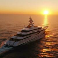 Front aerial view of super Yacht at the sunset. Generative AI photo