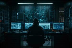 Back view of hacker in server room. Concept data security. Generative AI. photo