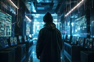 Back view of hacker in server room. Concept data security. Generative AI. photo