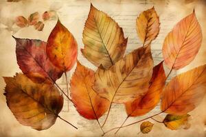 Autumn leaves watercolor on vintage parchment paper. Generative AI photo