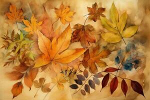 Autumn leaves watercolor on vintage parchment paper. Generative AI photo