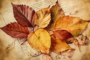 Autumn leaves watercolor on vintage parchment paper. Generative AI photo