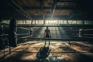 espalda ver de Boxer formación en el anillo en un antiguo gimnasia. generativo ai foto