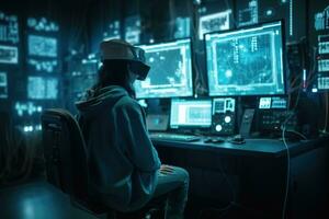 Back view of hacker in server room. Concept data security. Generative AI. photo