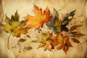 Autumn leaves watercolor on vintage parchment paper. Generative AI photo