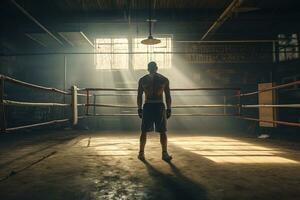 espalda ver de Boxer formación en el anillo en un antiguo gimnasia. generativo ai foto