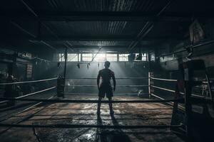 Back view of boxer training on the ring in a old gym. Generative AI photo