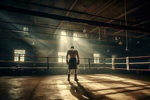 espalda ver de Boxer formación en el anillo en un antiguo gimnasia. generativo ai foto