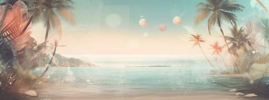 Beach background with coral, seashells and palm trees. Spectacular pastel color backdrops. Concept Banner for web. Generative AI. photo