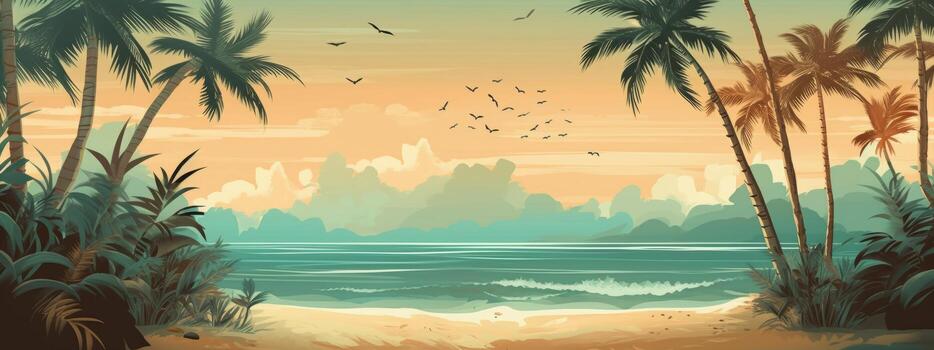 Beach background with coral, seashells and palm trees. Spectacular pastel color backdrops. Concept Banner for web. Generative AI. photo